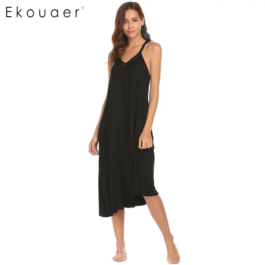 Ekouaer Ночное платье женское белье пижамы v-образный вырез без рукавов миди платье для сна Домашняя одежда ночная рубашка хлопковая ночная рубашка
