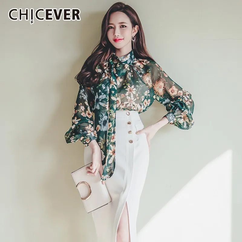

CHICEVER Spring Chiffon Vintage Print Stand Collar Lace Up Bow Lantern Sleeve Loose Slim Perspective Women Top Clothing 2019 New