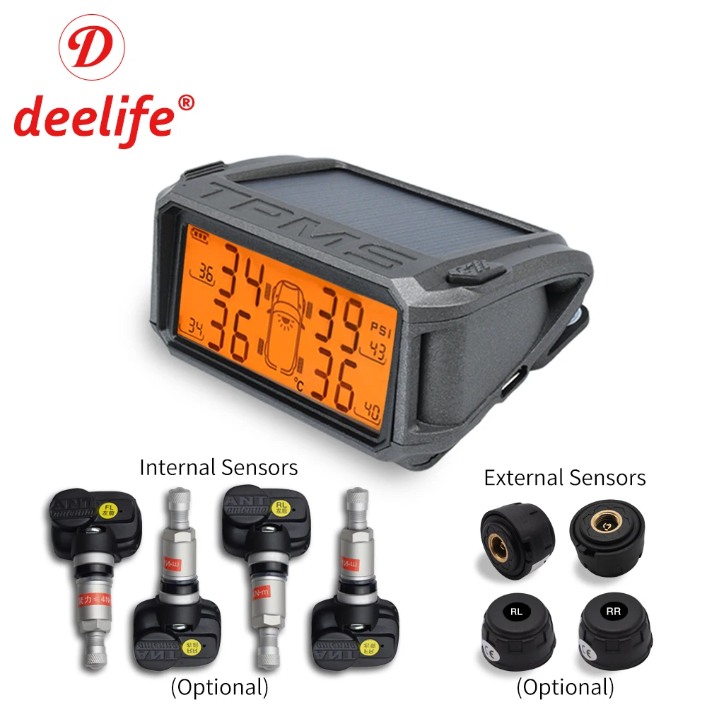 Deelife TPMS Tire Pressure Sensor Monitoring System Solar Car Monitor TMPS Control Systems Alarm Tyre Pressure Internal Sensors