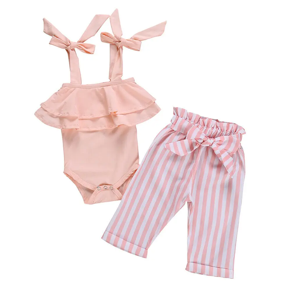 

2PCS Set Princess Newborn Baby Girl Sleeveless Strap Romper Tops Striped Pant Trouser Summer Girls Clothes 0-18M