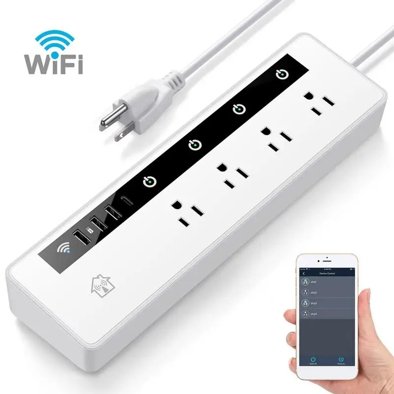 

Wifi Smart Power Strip With 4 Outlets 3 USB Charging Ports 1 Type C Port Function Of Storage Share Voice Remote Control By APP