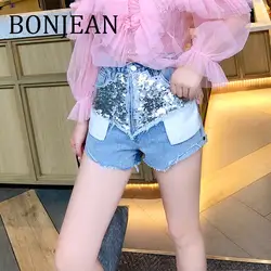 Bonjean джинсовые шорты с пайетками 2019 Лоскутные широкие брюки с высокой талией черные шорты для женщин летние черные шорты BJ1251