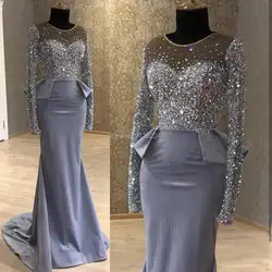 YNQNFS ED19 Настоящее платье с кристаллами серый подружки невесты Одежда длинным рукавом вечернее платье Русалка Арабский Дубай Стиль
