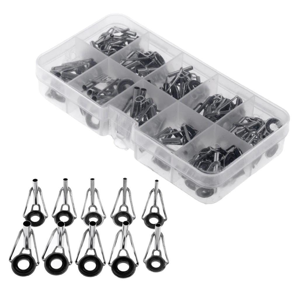 

80pcs Stainless Steel Fishing Rod Tip Ring Eye Guide Fishing Rod Building Repair Set Kit with Plastic Box 8 Different Sizes