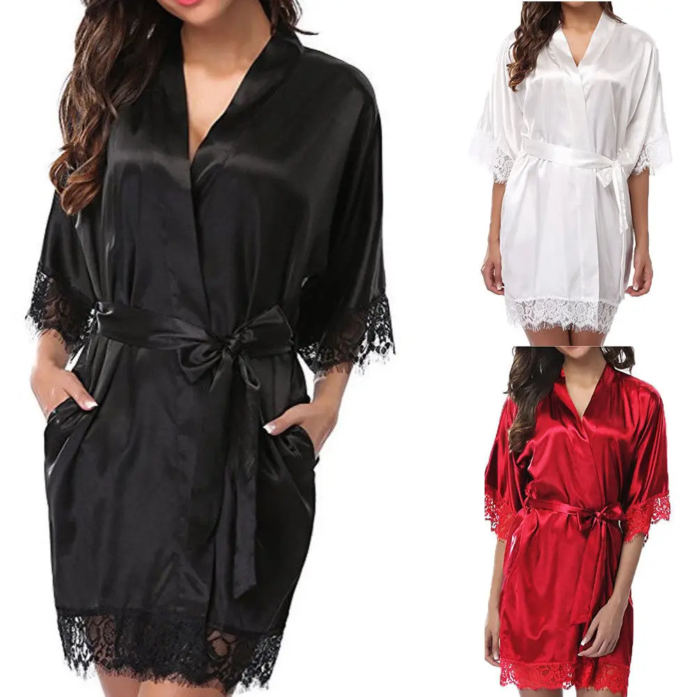 

Summer Women Silk Satin Kimono Robe Dressing Gown Plain Color Floral Lace Red Half Sleeve Wrap Sleepwear Bathrobe