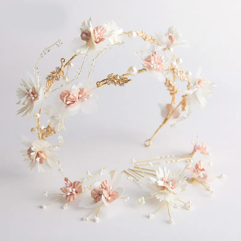 

Pink Floral Crown Headband And Hairpins Gold Color Hairband Flower Tiara Wedding Bridal Hair Accessories Women Hair Jewelry
