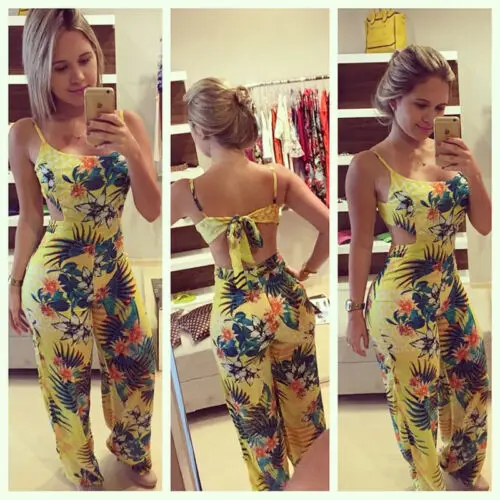 Summer Jumpsuits HOT Summer Women Casual Yellow Print Sleeveless Square Collar Backless Lace Up Jumpsuit Summer Jumpsuits HOT Summer Women Casual Yellow Print Sleeveless Square Collar Backless Lace Up Jumpsuit