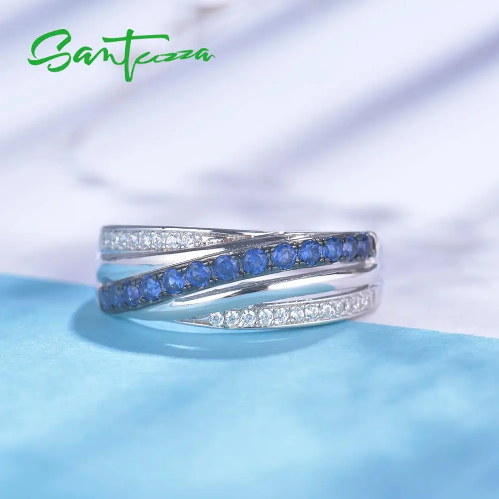 SANTUZZA комплект ювелирных изделий для Для женщин Чистая стерлингового серебра 925 сине-белые кубического циркония кольцо серьги Нежный Модные украшения