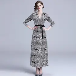 Comelsexy Leopard длинное платье с принтом 2019 Весна V образным вырезом край лотоса бархат с длинным рукавом для женщин макси платье Longo vestidos mujer