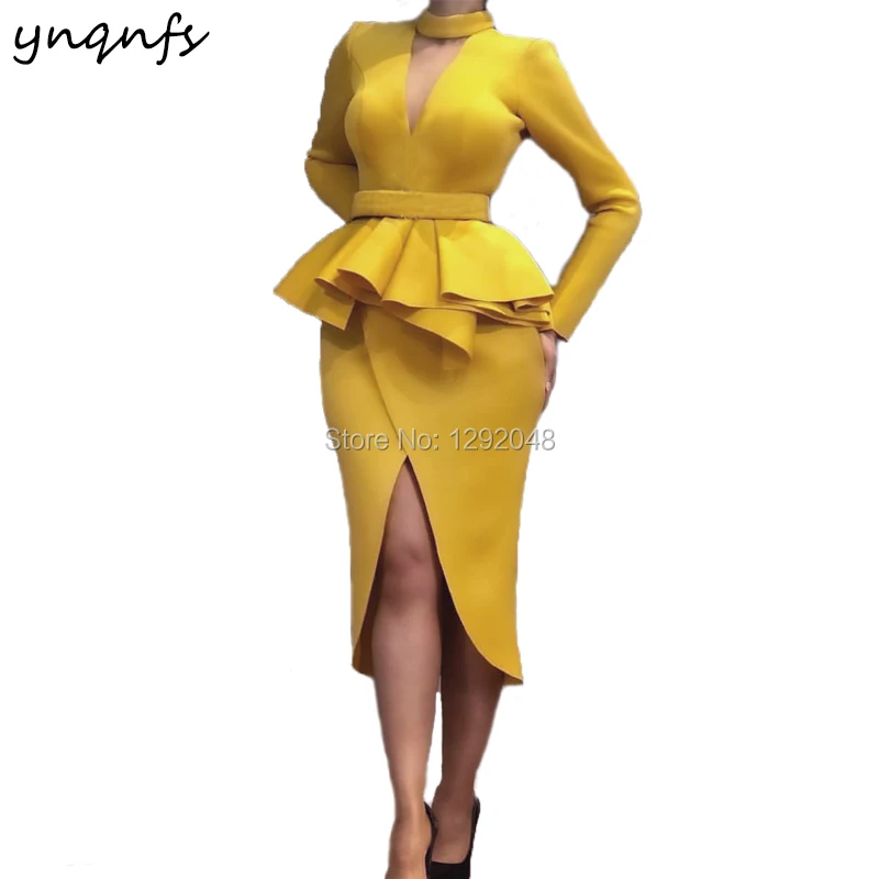 

YNQNFS E46 Satin Tea Length Sexy Open Bust High Leg Slit High Neck Long Sleeve Gold Evening Dress Short 2019