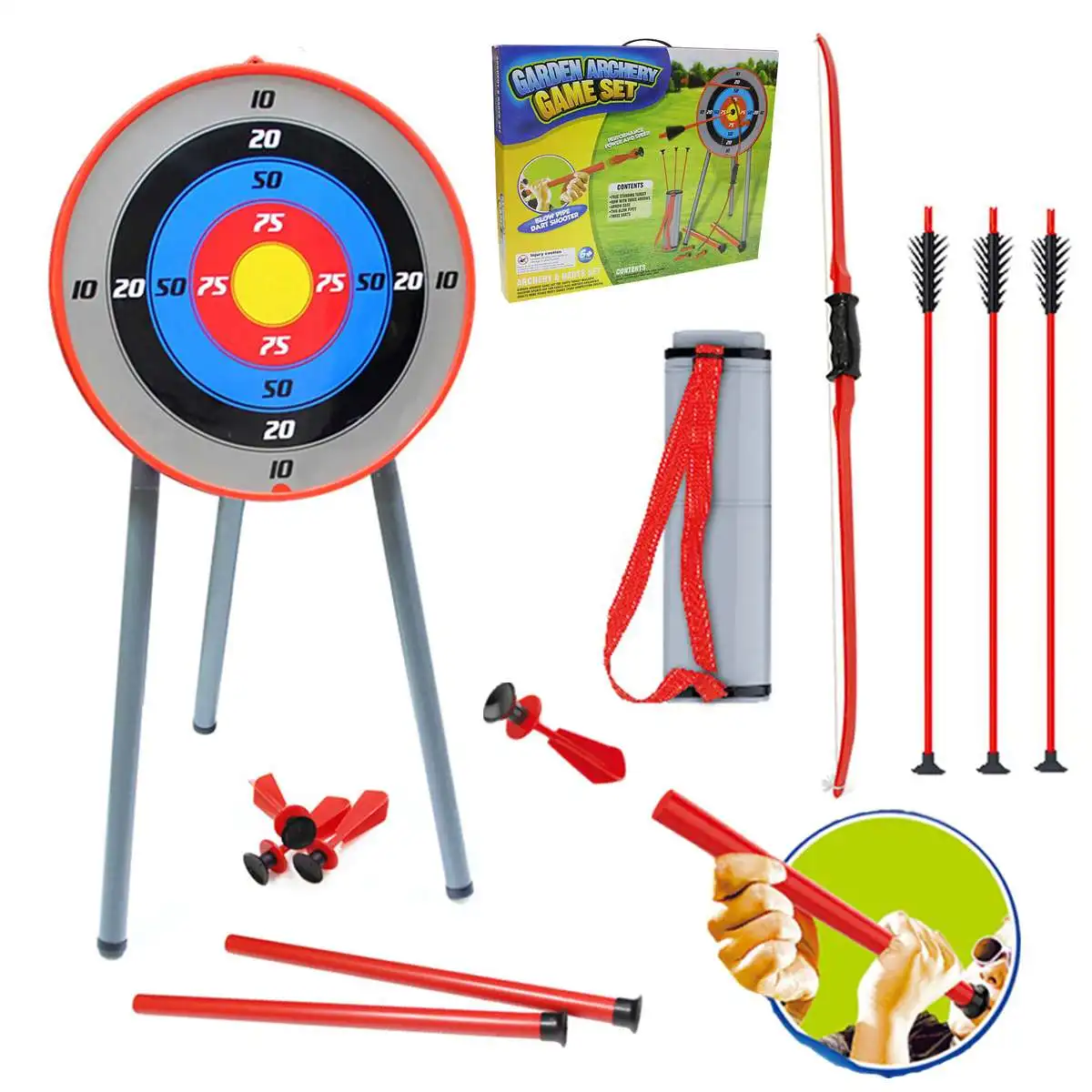 

Kids Toy Bow Arrow Archery Target Aiming Shooting Set Outdoor Garden Fun Game Safe Fun Play with Friend Family Develop Aim Skill
