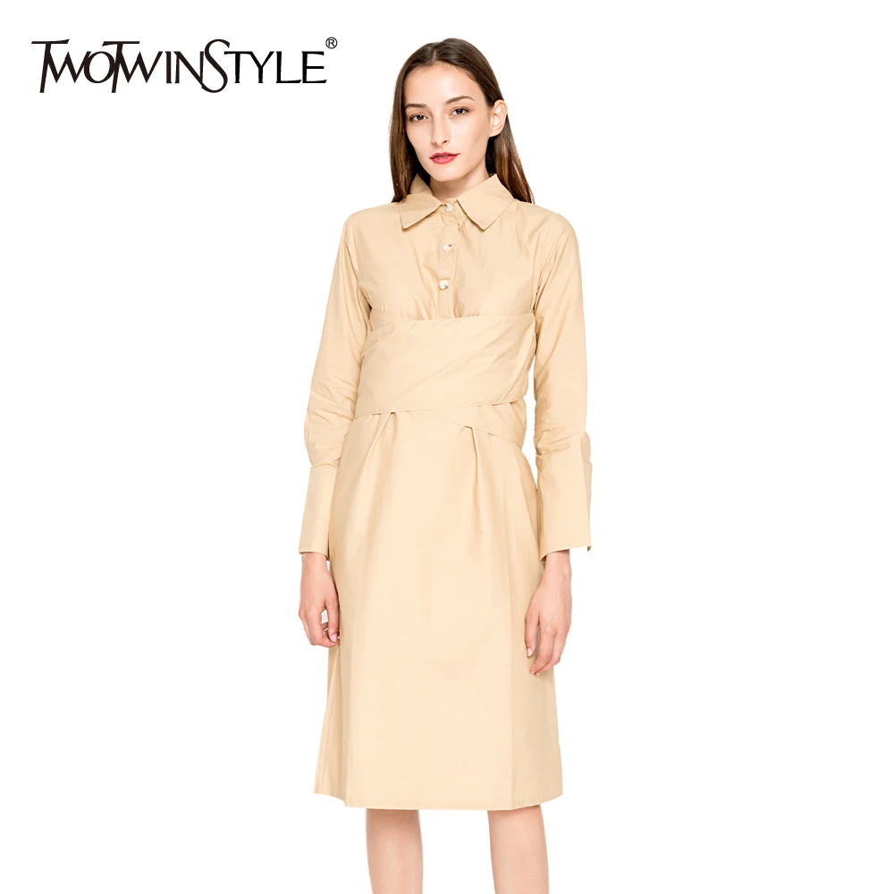 

TWOTWINSTYLE Vintage Dresses For Women Cross Bandage Long Sleeve Midi Shirt Dress Female 2019 Spring Autumn Clothing Large Sizes