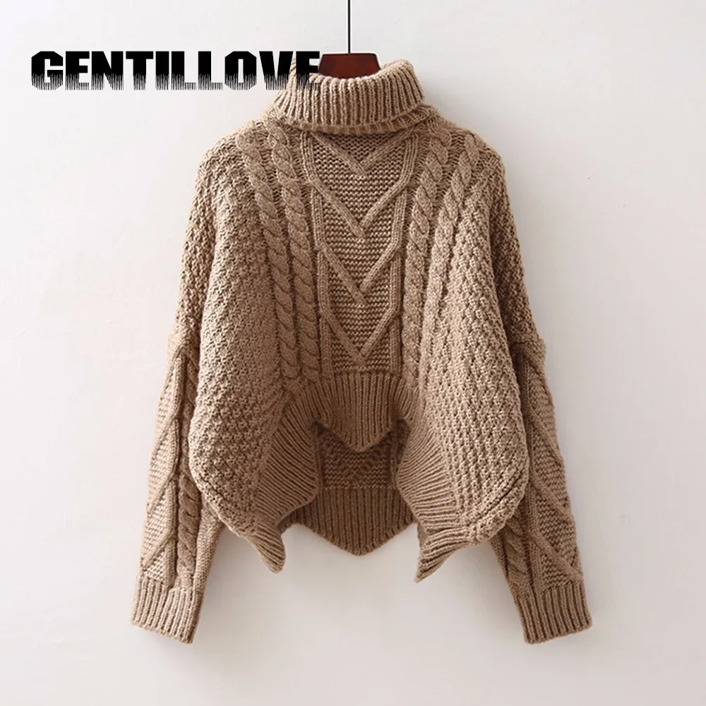

Gentillove Casual Loose Sweater Women Bat Sleeve Irregular Pullover Turtleneck Thick Knitted Sweater Wind Rough Woolen Harajuku