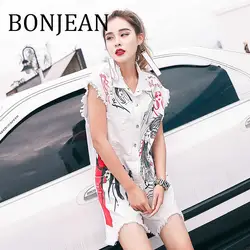 Bonjean украшение отверстий Playsuit Лето 2019 г. короткий комбинезон для женская одежда принт белый прямые комбинезоны BJ1144