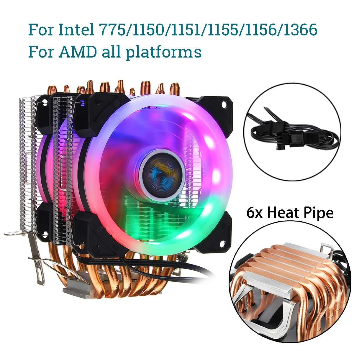 CPU Cooler for Intel LAG 1155 1156 775 1150 1151 for AMD AM3/AM2 LED RGB CPU Fan Silence 6 Heatpipe Cooler Cooling Fan Heat Sink