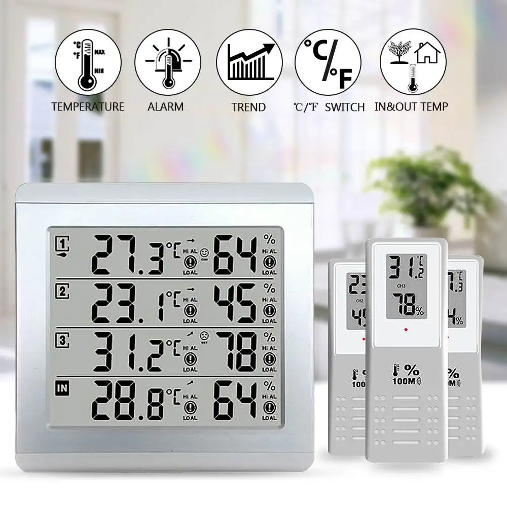 Baratos Termómetro LCD alarma medidor de temperatura probador de la estación meteorológica + 3 Transmisor Inalámbrico al aire libre Sensor de humedad Monitor alerta