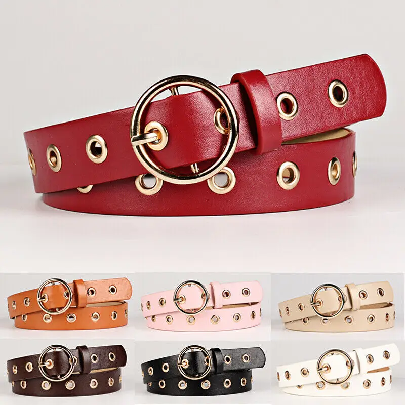 

Brand New 2019 Women Fashion Solid Holes Alloy Circular Gold Buckle Waist Belt Womens Vintage PU Waistband