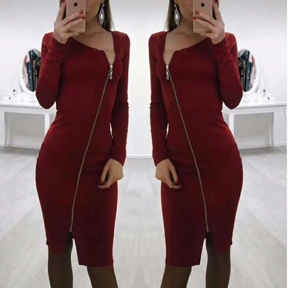 High Quality Wine Red Blue Green Front Zipper Long Sleeve Homecoming Party Dress Rayon Dressing Bodycon Dress