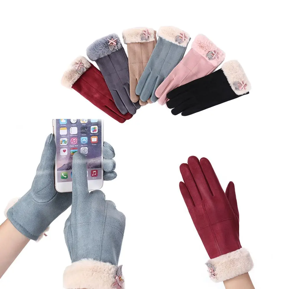 1 пара, женские перчатки на полный палец, женские перчатки на запястье, теплые зимние ветрозащитные варежки с сенсорным экраном, милые перчатки