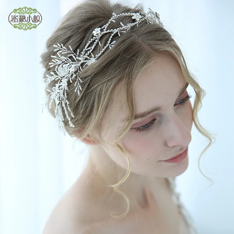 

Silver Color Wedding Tiara Headband Flower Bridal Hair Vine Accessories Rhinestone Women Head Chain Jewelry D2236