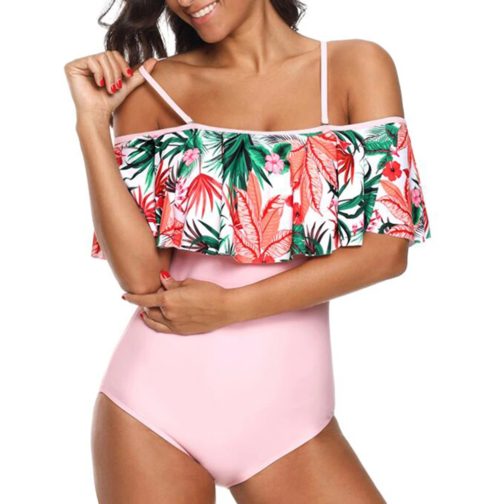 

2019 New Brazilian Tropical Leaves Floral Print Padded Overlay One Piece Women Swimsuit Swimwear Female Swimming Suit