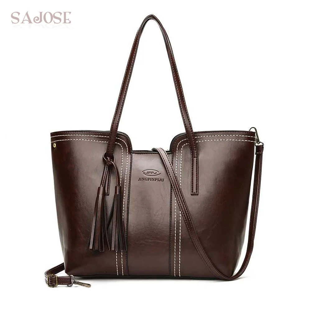 

Women Handbag Leather Casual Totes Designer Vintage Tassel High Quality High Capacity Shoulder Bag Female For Daily Shopping