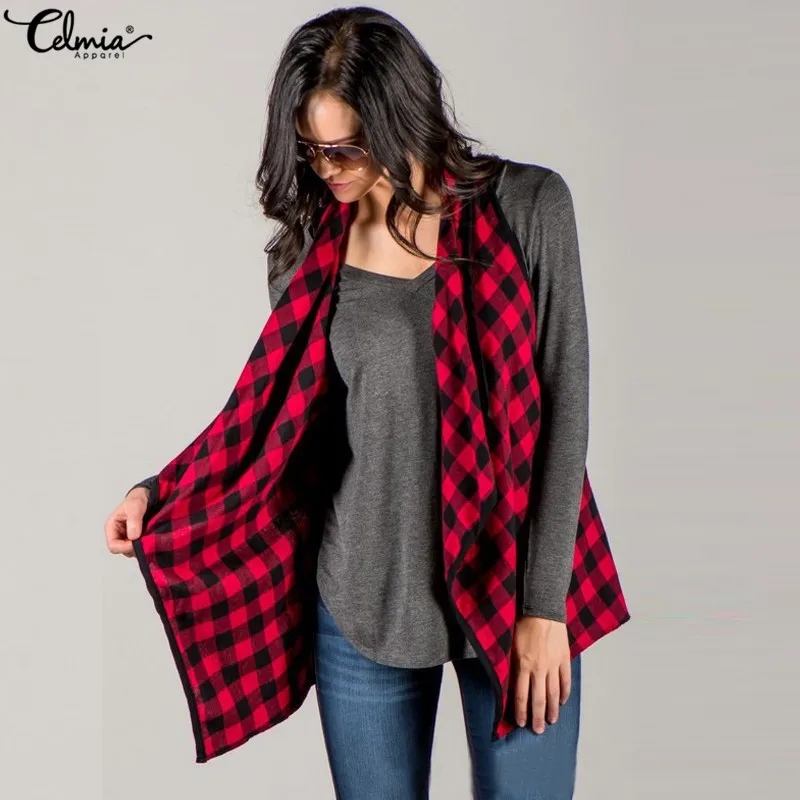 Vest Women Gilet Check Plaid Waistcoat Celmia 2018 Autumn Chaleco Mujer Colete Sleeveless Jacket Cardigan Outwear Coat Plus Size