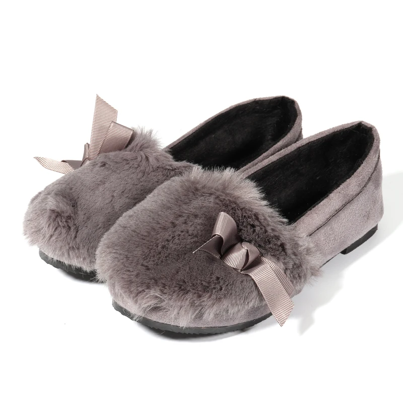 

NIS Women Plush Shoes, Black/Gray/Army Green Bowknot Fall Winter Soft Warm Furry Flats For Female, Ladies Faux Fur Slip On Shoes