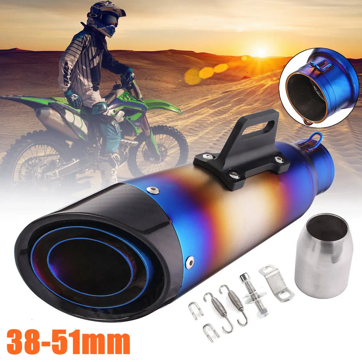 

38-51mm Motorcycle Grilled Blue Exhaust Muffler Pipe Stainless Steel For Dirt Bike Street Bike,Scooter, ATV, Quad for Kawasaki