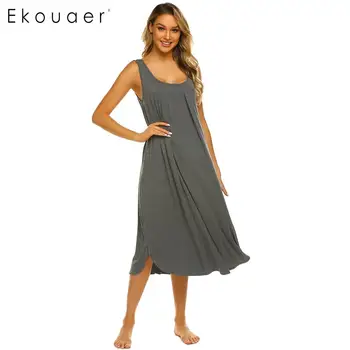 

Ekouaer Women Sleepshirts Nightgown Solid O-Neck Sleeveless Front Pleated Loose Nightdress Female Chemise Night Dress