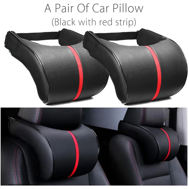 

High Quality Car Pillows Auto Seat Head Neck Headrest Rest Cushion Black+Red Car Leather Neck Pillows Auto Accessories 2pcs