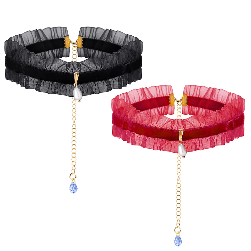 Модные золотые женские ожерелья-чокер из 2 предметов, простые подвески в стиле панк, черные и красные кружевные чокеры, женские трендовые ожерелья-цепочки