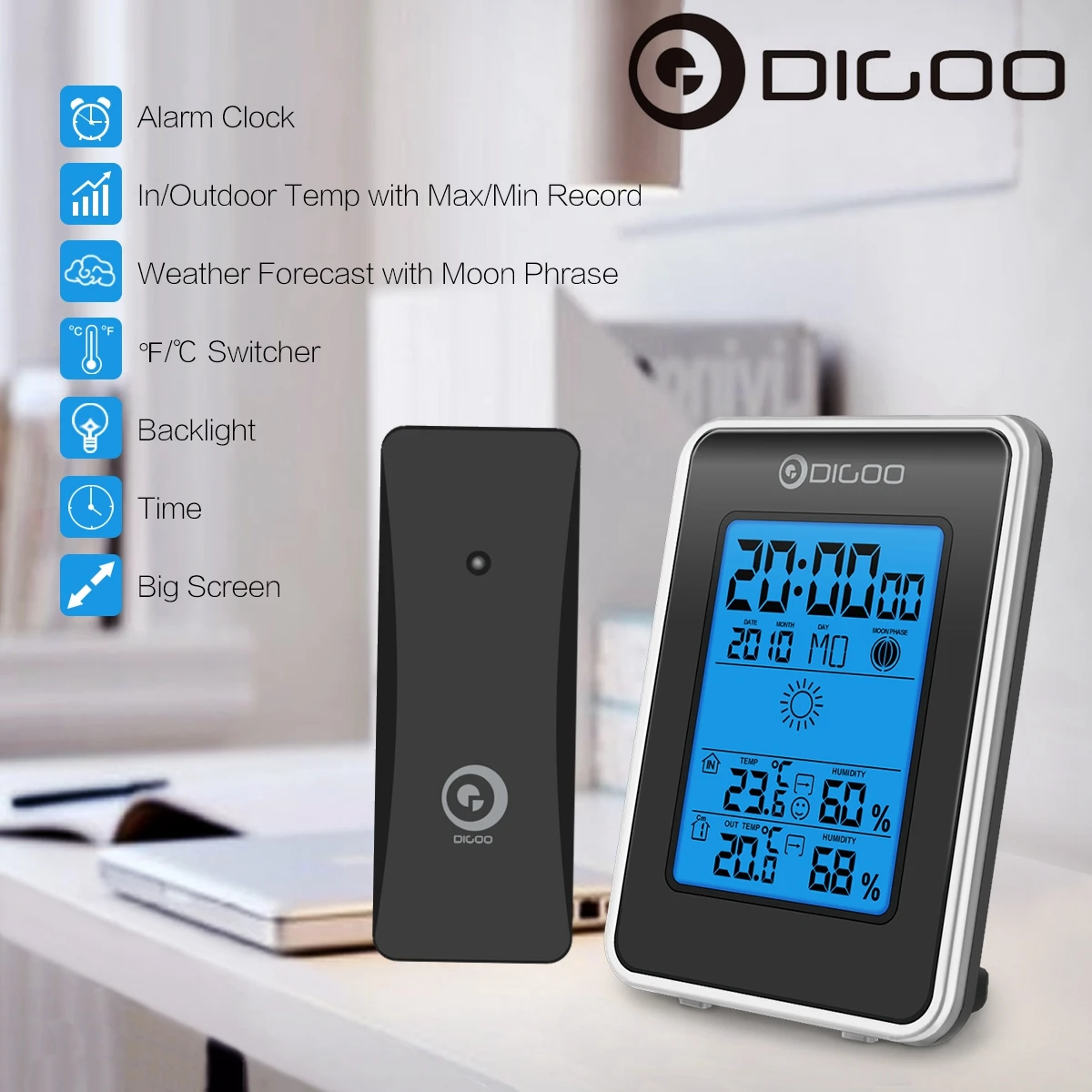 Digoo DG-TH1981 Погодная станция с синей подсветкой цифровой LCD гигрометр термометр Прогноз погоды Сенсор часы