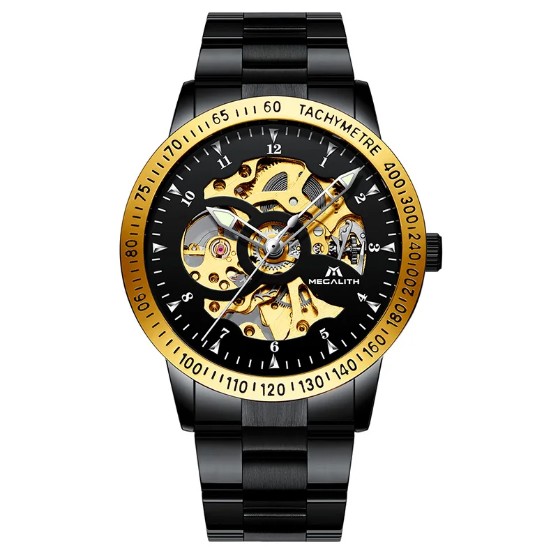 

MEGALITH Mens Watches Automatic Mechanical Men'S Watch Waterproof Stainless Steel Black Gold Case Automatic Watches Male Clock
