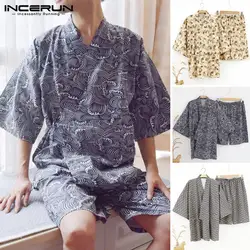 INCERUN пижамный комплект для мужчин печати кимоно мягкая Домашняя одежда топы с короткими рукавами и шорты для женщин японский стиль для