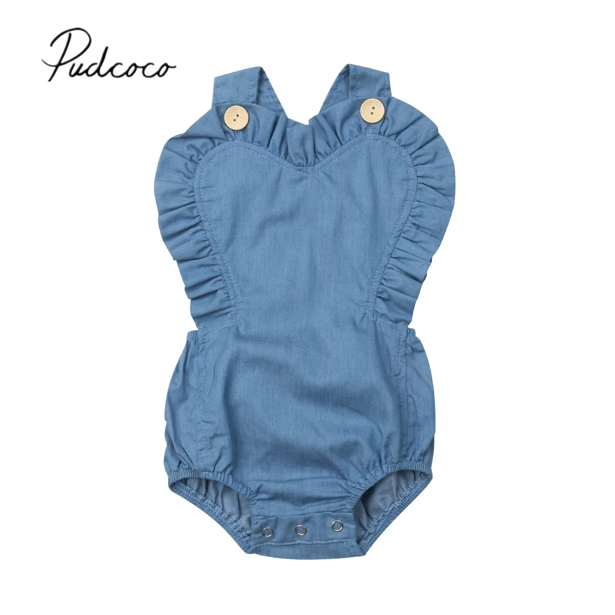 

2019 Brand New Infant Kids Baby Girls Denim Bodysuits Heart Shape Ruffles Backless Sunsuit Solid Blue Jumpsuits Summer Clothes