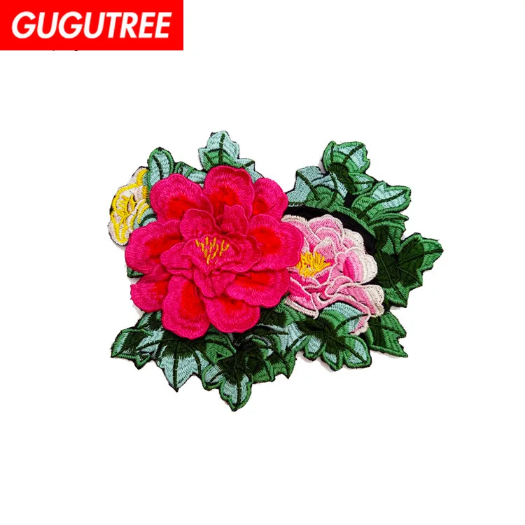 

GUGUTREE embroidery big peony leaf patches flower patches badges applique patches for clothing ZM-175