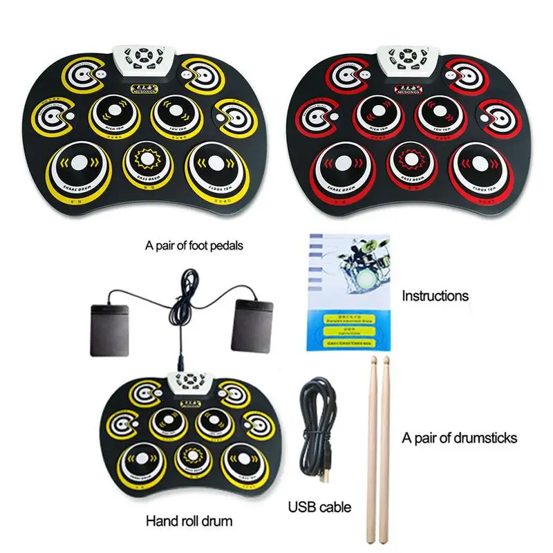 

Electronic Drum Children's Hand - Rolled Silicone Drum Outdoor Portable Ultra-Thin Drum Miniature with Drum Sticks Foot Pedals D