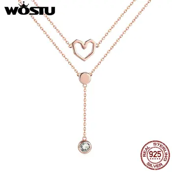 

WOSTU Korean 925 Sterling Silver Heart Zircon Necklaces Pendant Double Chain Rose Gold Necklace Luxury Jewelry Love Gift CQN317