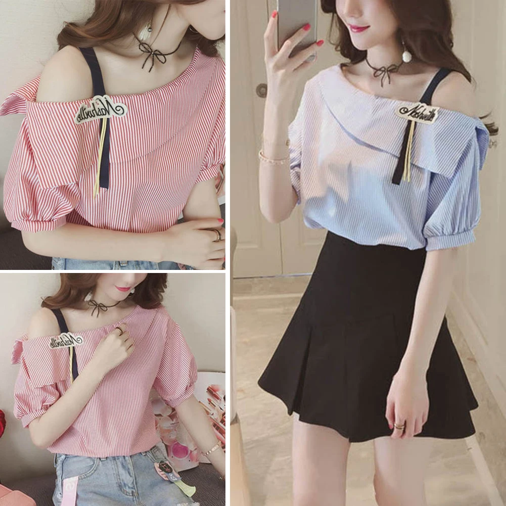 Chemisier À Chemises Mode Encolure Manches Femmes De Sexy Femelle Bleu rose D'été Rayé Longues Blouses Hauts Chemise CgtY8q