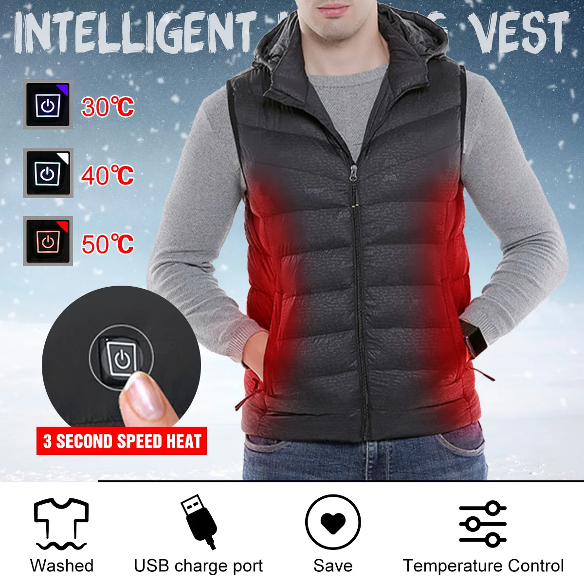 

Mens Winter Heated USB Charge 3modes Hooded Work Jacket Coats Vest Adjustable Temperature Control Safety Clothing