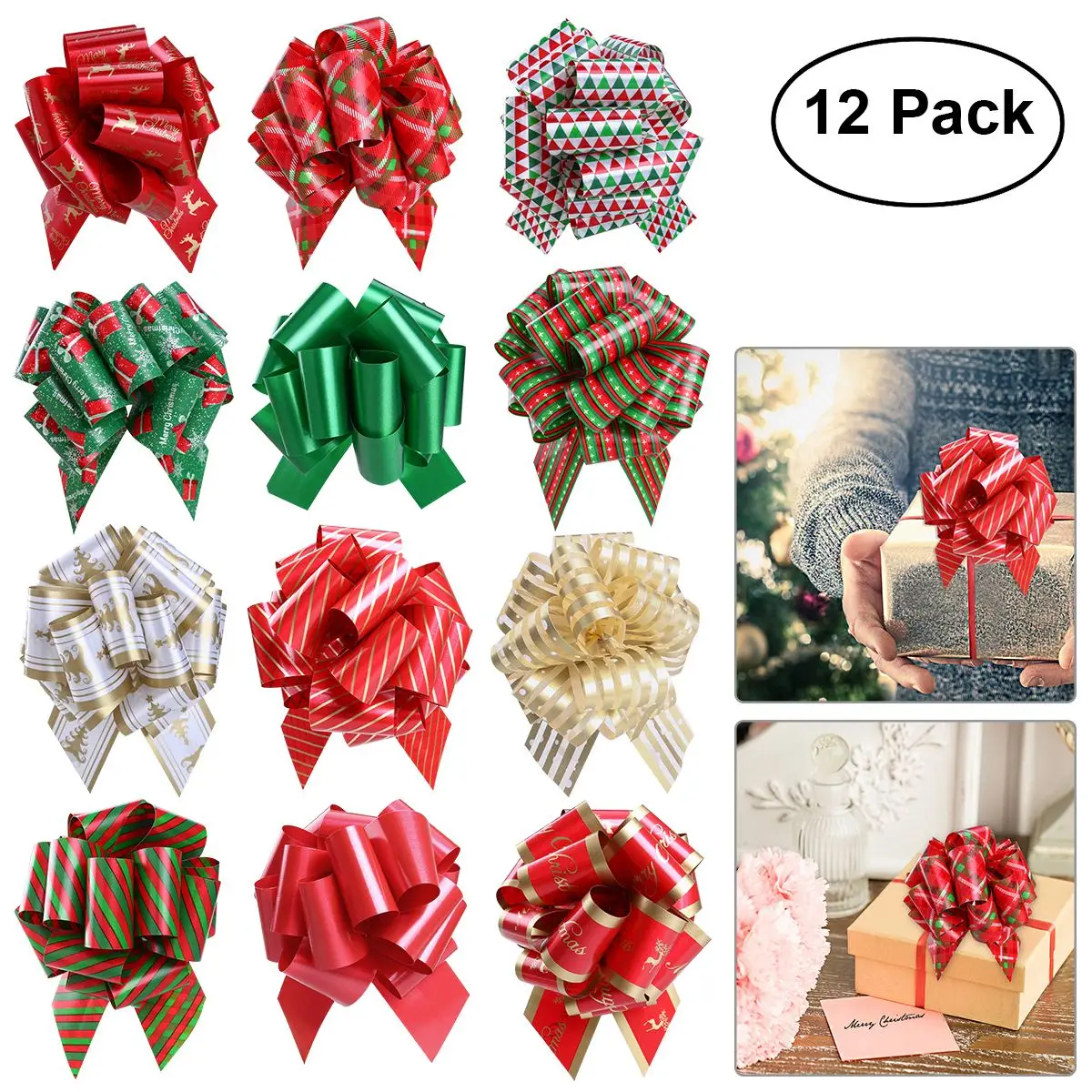 UNOMOR 12Pcs Christmas Gift Pull Bows with Ribbon Strings for Gift