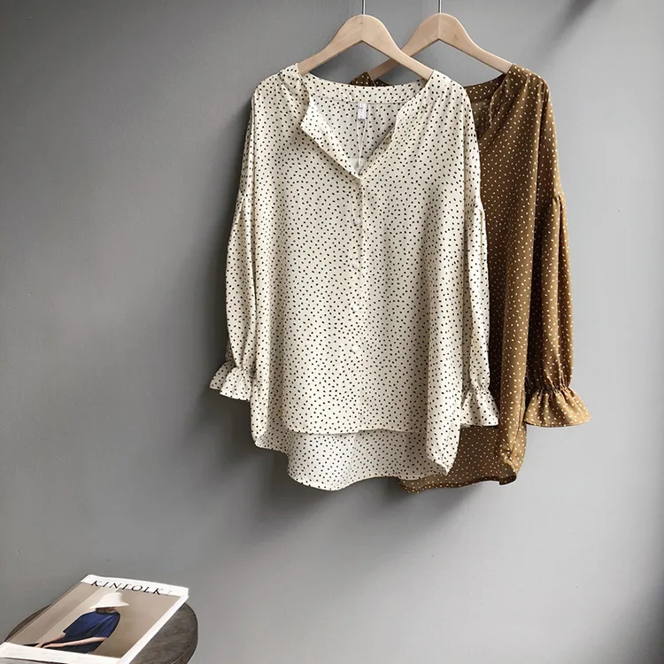 

Mooirue Summer 2019 Women Streetwear Shirt Chiffon Parka Dot O Neck Collar Loose Blusas Feminina Tops
