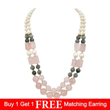 

Lii Ji Natural Rose Quartz ,Labradorite,Freshwater Pearl 7-8mm Hematite 2 Rows Necklace 925 Sterling Silver Gold Color Clasp