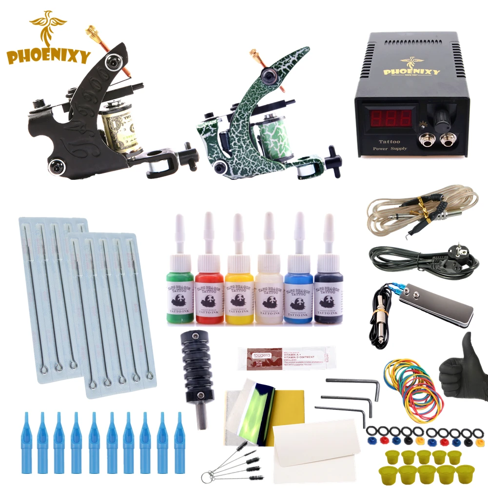 

Phoenixy Starter Beginner Complete Tattoo Kit Professional Tattoo Machine Kit 6 Inks Power Supply Grips Set