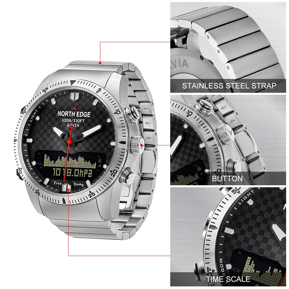 NORTH EDGE мужские спортивные цифровые часы для дайвинга мужские часы военные армейские Роскошные полностью стальные деловые Водонепроницаемые 100 м альтиметр компас