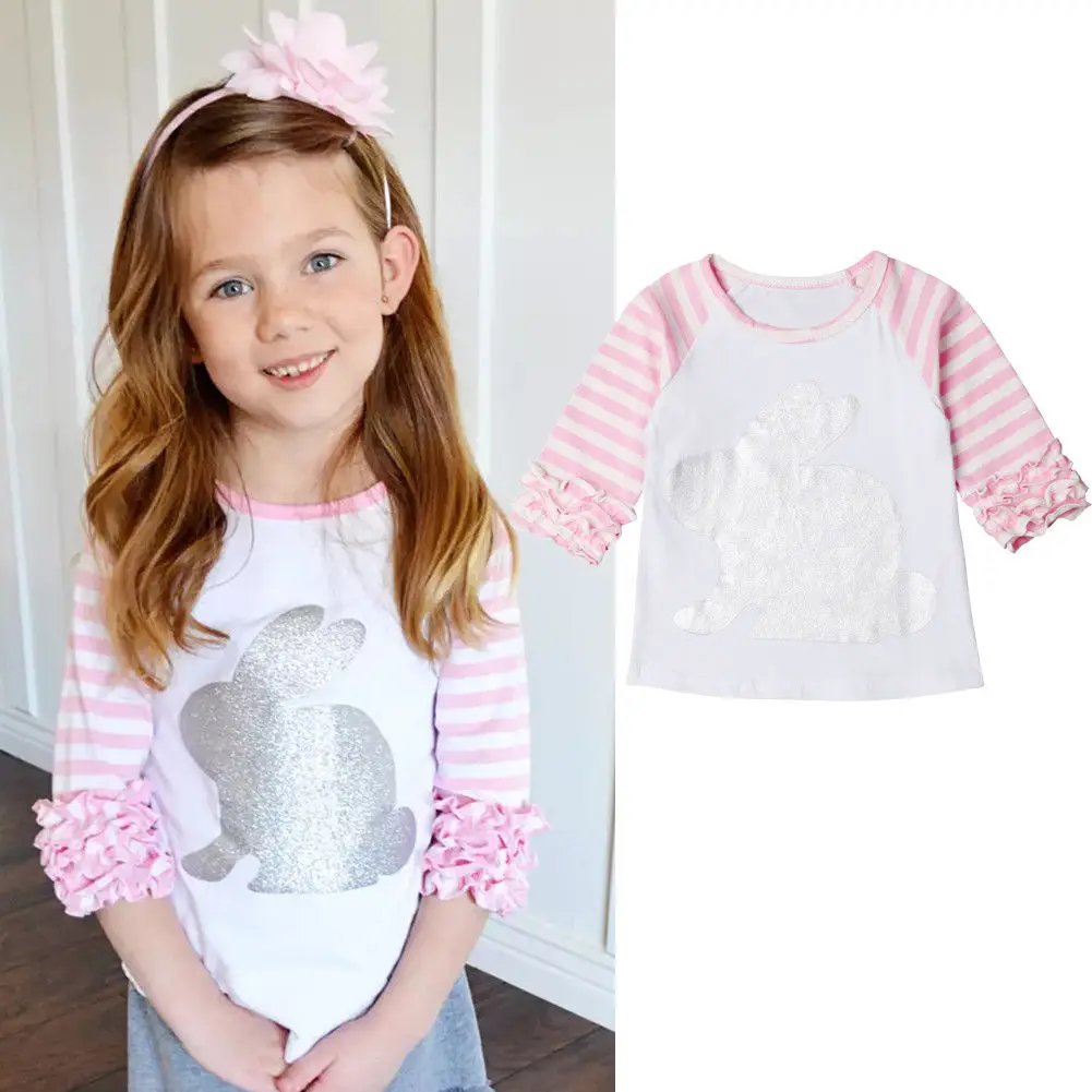 

Easter Kids Baby Girls T-shirt Silver Sequin Rabbit Bunny Ruffle Sleeve T-shirt Top Animal Pink Stripe Blouse Clothes Outfit
