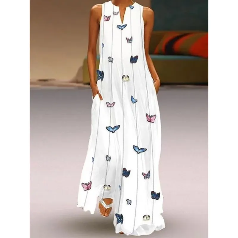 Butterfly Print Casual Maxi Dress Women Sleeveless Long Dresses 2019 ...