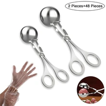 

2 Pcs Convenient Meatball Maker Stainless Steel Stuffed Meatball Clip DIY Fish Meat Rice Ball Maker and 48 pcs Disposable Gloves