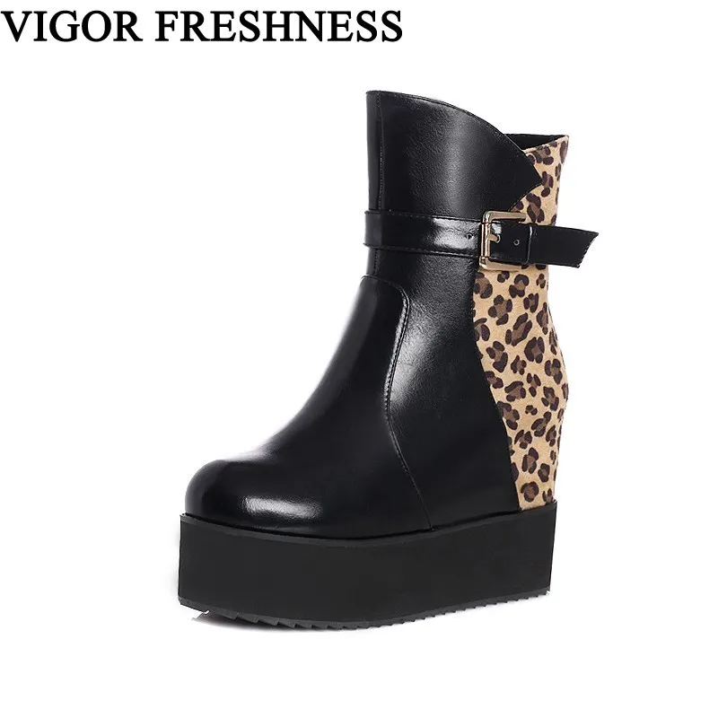 VIGOR/женские ботинки свежести; обувь на платформе; женские ботинки, увеличивающие рост; осенние ботильоны; зимняя обувь на высоком каблуке 11 см с леопардовым принтом; MY90